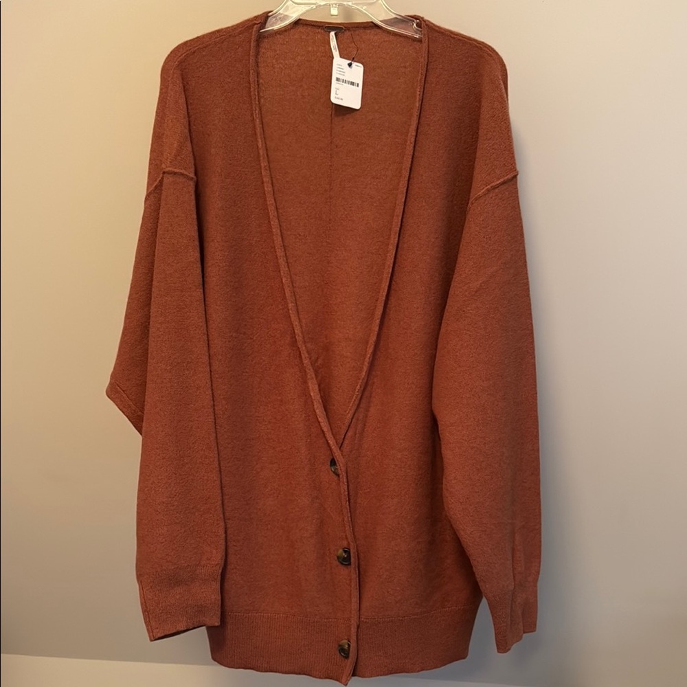 NWT ✨ Free People Cashmere Deep V Rust Brown 90’s Boyfriend Cardigan Size L